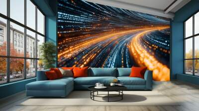 dynamic digital tunnel illuminated by streaks of light and cascading data streams, curving into the distance, representing a journey through cyberspace Wall mural