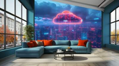 futuristic cloud computing network concept, with illuminated data streams connecting through the cloud to various devices, set against a backdrop of a modern city skyline Wall mural