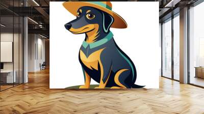 A dog sitting with a hat on its head, vector silhouette, On a White Background Wall mural