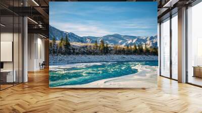 Unfrozen turquoise Katun river in Altai mountains on a frosty winter day. Incredible mountain valley landscape in sunlight. Wall mural