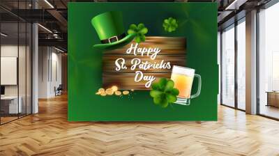 Background St. Patrick's Day greetings with a leprechaun hat and beer. Gold coins and clover on the background of a wooden board .vector illustration Wall mural