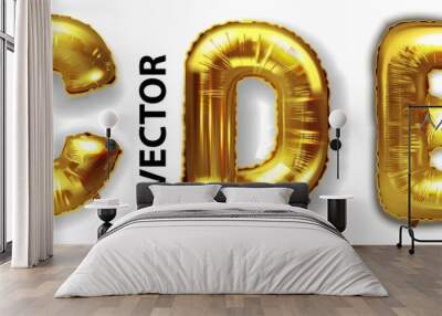 CDE gold foil letter balloons on white background. Golden alphabet balloon logotype, icon. Metallic Gold ABC Balloons. Text for children's reading, vector eps Wall mural