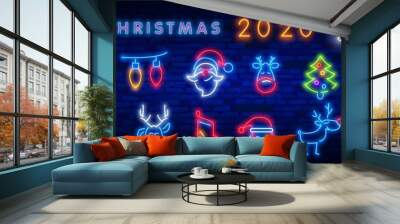 Christmas neon icon set. Merry Christmas and Happy New Year. Set neon icon, label, emblem. Bright signboard, light banner. Vector illustration Wall mural