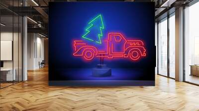 Christmas tree in truck neon sign. Fir, tree, New Year. Night bright advertisement. Vector illustration in neon style for banner, billboard Wall mural