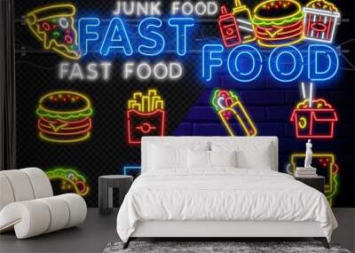 Food and drink neon sign. Fast junk Food vector set. Big Burger, Hot Taco, Hot Pizza, Hot Dog. Neon sign, bright signboard, light banner. Neon shine panel Wall mural