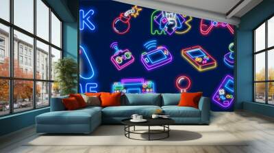 Games time neon text with gamepad. Technology and entertainment concept. Advertisement design. Wall mural