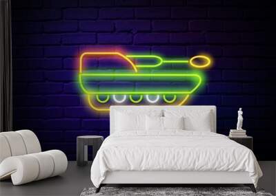 Glowing neon line Military tank icon isolated on dark background. Colorful outline concept. Vector Illustration Wall mural