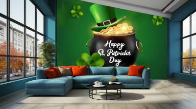 Happy St. Patrick's Day greeting or banner design, coin pot and illustration of a leprechaun hat, three-litre clover on a green blurred background.Vector Wall mural