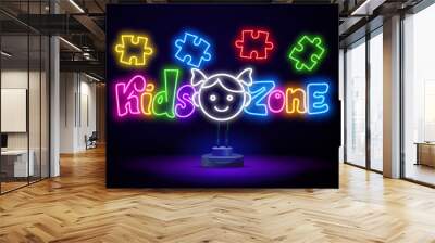 Kids Zone design template neon sign, light banner, neon signboard, nightly bright advertising, light inscription. Vector illustration Wall mural