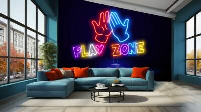 Kids Zone neon sign, bright signboard, light banner. Kids Area logo, emblem. Vector illustration Wall mural