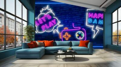 Let's Play neon sign, bright signboard, light banner. Game logo, emblem and label. Neon sign creator. Neon text edit Wall mural