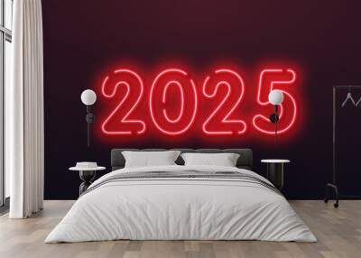 Neon red Abstract template of a digital web banner Happy New Year 2025 in a futuristic glowing style on a dark background. Wall mural