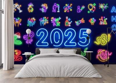 New Year 2025 Neon Template on Dark Blue Background. Vector clipart for your projects. Wall mural