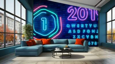 Number One symbol neon sign vector. First, Number One template neon icon, light banner, neon signboard, nightly bright advertising, light inscription. Vector illustration Wall mural