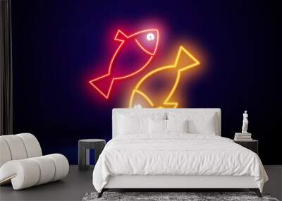 Pisces neon sign. Two fishes in circle, bubbles, water. Astrological sign concept. Wall mural