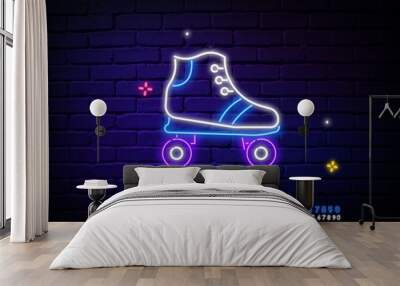 Rollers neon word with roller skate logo. Neon sign, night bright advertisement, colorful signboard, light banner. Vector illustration in neon style. Wall mural