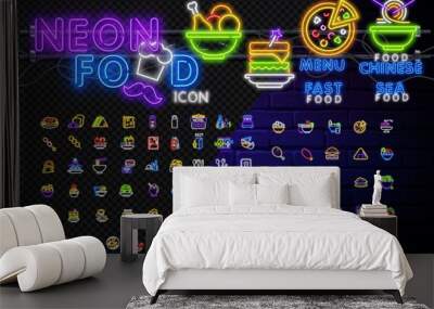 Set food and drink neon sign. Neon sign, bright signboard, light banner. Neon sign for fastfood restaurant, burger cafe or pizzeria design. Hamburger, hot dog and fries, cheeseburger, chicken, pizza Wall mural