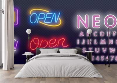 Set of Open neon sign with reflection. Open Neon Text Vector and a brick wall background vector illustration. Editing Text Neon Signs Wall mural