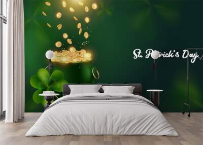 St. Patrick's Day background with pot and riches. The gold coins falling down in the green pot .A horizontal banner with space for text.vector illustration Wall mural