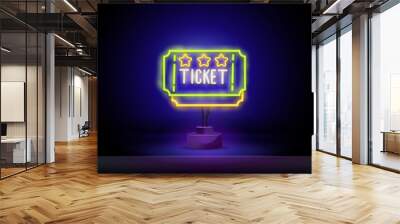 Tickets neon icon. Cards shape with stars and Ticket lettering on dark wall background. Vector illustration can be used for neon signs, advertising, show invitation Wall mural