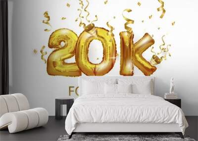 Vector Golden number 20 000 twenty thousand followers metal ball. Party decoration with 20-Karat gold balloons. Anniversary sign for a happy holiday, celebration, birthday, carnival, New year. art Wall mural