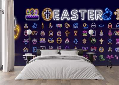 Vector set of realistic isolated neon sign of Easter logo for template decoration and invitation covering on the wall background. Concept of Happy Easter. Wall mural