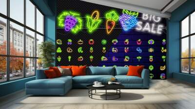 Vegetables and fruits neon light characters. Neon sign, vegan symbol, bright luminous sign, neon night advertising on the theme Vegetarian food, healthy organical food, vegetables, fruits. Vector Wall mural