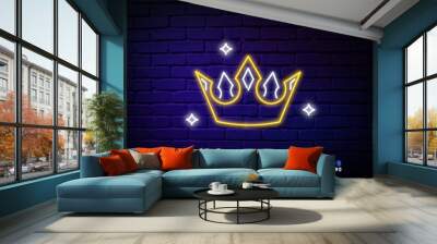 Yellow crown night bright advertisement element. Gambling concept for neon sign design. Vector illustration in neon style for online casino, slot machine, jackpot Wall mural