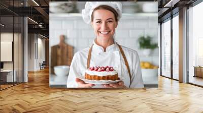 A baker with a broad smile, presenting a cake, eyes gleaming with pride, against a clean white kitchen background, styled as a culinary arts. Wall mural