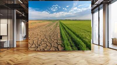 A barren, dry field with cracked soil on the left, and a lush, green agricultural field on the right. Wall mural