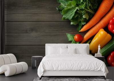 a beautifully arranged meal featuring homegrown vegetables, served on a rustic wooden table, with natural light enhancing the vibrant colors of the fresh produce Wall mural