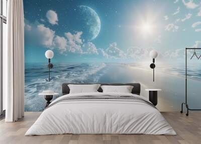 A bright, sunny beachside morning on one half, transitioning to a peaceful, starry night sky on the other, reflecting the passage. Wall mural