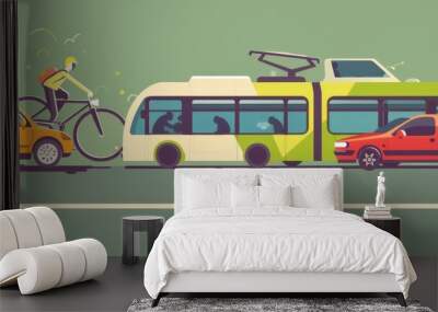 A busy city street with a bus, a car, and a bicycle Wall mural