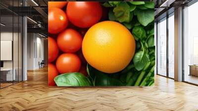 A close-up of fresh ingredients from a finish-at-home meal kit, including vibrant vegetables and herbs, ready to be cooked Wall mural