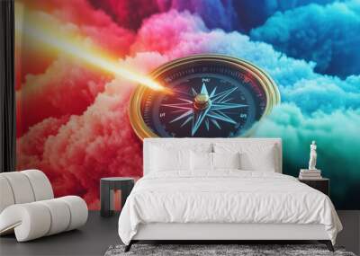 A compass floating in a cloud of abstract colors, pointing towards a bright light, the direction and guidance needed for professional growth Wall mural