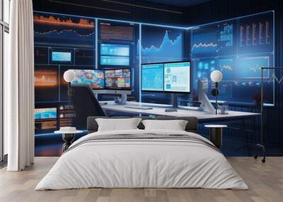 A computer room with three monitors and two chairs Wall mural