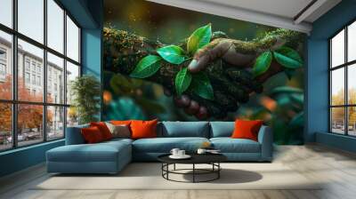 A digital handshake between two green, leafy hands, symbolizing eco friendly partnerships. Wall mural