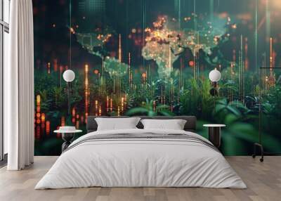 A forest with a bright orange sun in the background Wall mural