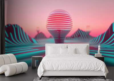 A futuristic cityscape made of geometric shapes and lines, with a pathway leading from one idea represented by a small lightbulb to a glowing tower at the city Wall mural