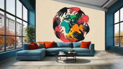 A globe made up of different hands of all shapes and colors holding it up, global unity and inclusion of diverse cultures Wall mural