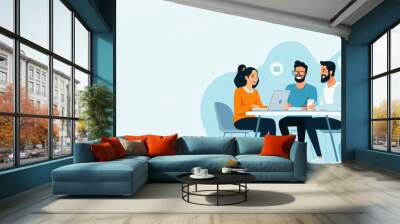 A group of coworkers gather around a table, laughing and discussing ideas with energy. Their collaborative effort is driven by a positive and supportive environment., flat design illustration Wall mural