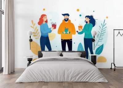 A group of friends exchange small gifts at a casual gathering, their smiles showing the positive energy and mutual appreciation., flat design illustration Wall mural