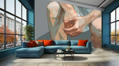 A hand gripping a sore knee, simple gray backdrop, in a detailed medical illustration style. Wall mural