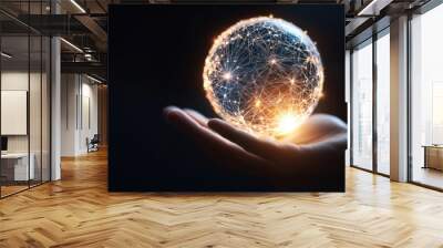 A hand holding a glowing globe with interconnected lines and nodes, each one representing a key part of the project, scope, from planning to execution Wall mural