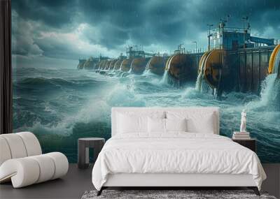 A large body of water with a lot of waves and a few yellow boats Wall mural