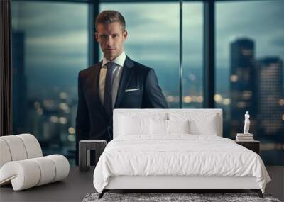 A man in a suit and tie stands in front of a city skyline Wall mural