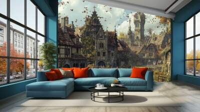 A medieval village where the inhabitants are animals dressed in period attire, going about their daily lives, illustrated with rich, earthy tones and textures. Wall mural