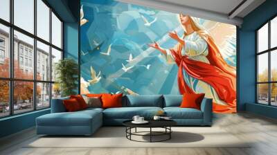 A painting of a woman with wings and a dove in the background Wall mural