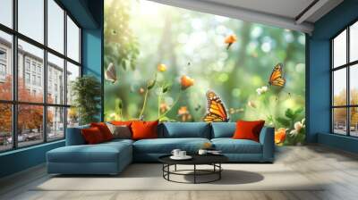 A peaceful, garden background with blooming flowers and butterflies. Wall mural