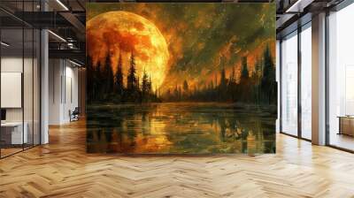 A planet with a bright orange sun in the center Wall mural